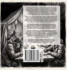 Text beschreibt eine Gruppe in einem Everest-Basislager. Schwarz-weiße Illustration zeigt Personen, die am Tisch schreiben.