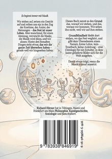 Ein Text beschreibt ein Fest des Lebens und die Grundblindheit. Illustration: Menschen in einem Zirkus, tanzend und jonglierend.