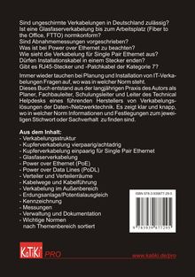 Ein Buchrückentext mit Fragen zu Verkabelungsnormen, gefolgt von Themen wie Verkabelungsstruktur und Glasfaser. Unten ein Website-Link.
