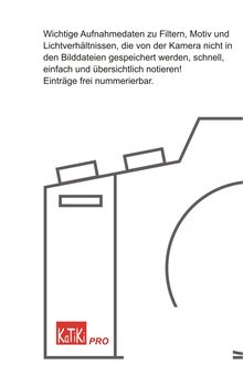 Text beschreibt die Notierung wichtiger Aufnahmedaten, unten rechts "KaTiKi PRO". Illustration einer Kamerasilhouette.