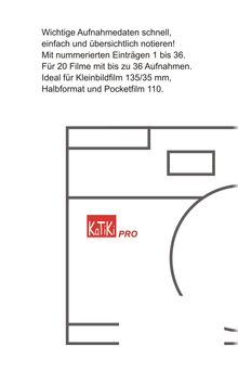 Text erklärt Aufnahme, Daten, Filmanzahl und Formate. Unten ein rotes Logo mit "KaTiKi PRO". Eine Kamera-Illustration.
