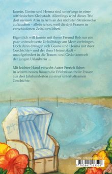 Text über drei Frauen in einer ostfriesischen Kleinstadt. Illustration eines Strandkorbs und blühenden Blumen am Meer.