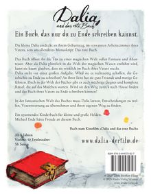 Text: "Dalia und das rote Buch. Ein Buch, das nur du zu Ende schreiben kannst." Illustration eines roten Buches.