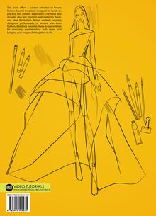 Text über modische Figurinen-Schablonen. Illustration einer eleganten Frau im Kleid mit Zeichenutensilien.