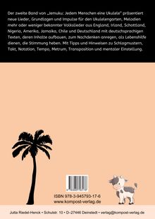 Text erklärt den Inhalt eines Ukulelenbuchs mit Liedern und Tipps. ISBN und Verlag werden genannt. Illustration: Palme und Kuh.