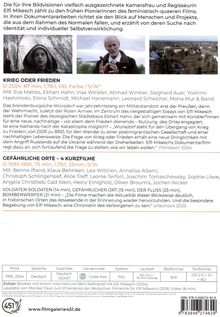 Texte oben: „KRIEG ODER FRIEDEN,“ „GEFÄHRLICHE ORTE – 4 KURZFILME“. Oben, drei Bilder: zwei Personen und eine Landschaft.