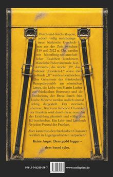 Ein gelber Koffer mit Text: Geschichten aus Franken vereinen Humor und historische Treue. Unten ISBN und Website.