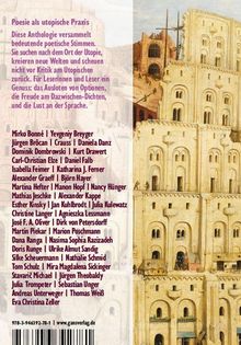 Links steht der Text "Poesie als utopische Praxis", darunter Namen von Autoren. Rechts ein turmähnliches, historisches Gemälde.