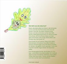 Texte: "Wie hält man die Liebe fest?" Illustration: Zwei lachende Blätter mit Gesichtern und freundlichem Ausdruck.