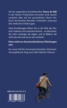 Ein Text beschreibt einen Kriminalfall um Kunstfälschungen. Darunter ist ein Barcode. Eine Person fährt mit einer Tasche Fahrrad.