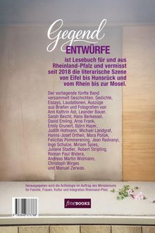 “Gegend ENTWÜRFE” ist ein Lesebuch aus Rheinland-Pfalz. Enthält Geschichten und Gedichte. Namen vieler Autoren. Im Hintergrund: Holztextur. Unten ein Barcode und das Logo von "fineBOOKS".
