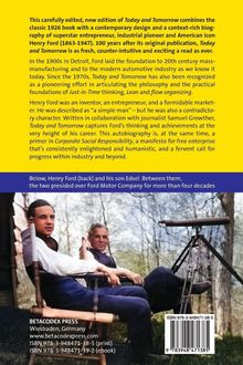 Oben: Text über Henry Fords Buch "Today and Tomorrow". Unten: Foto von zwei Männern auf Stühlen im Freien.