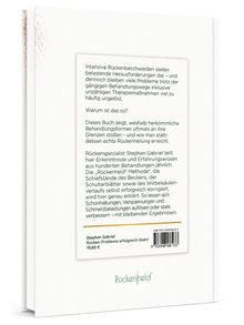 Buchrückseite: Behandlungsmethoden bei Rückenschmerzen. "Rückenheld" Methode erklärt. Autor: Stephan Gabriel. Preis: 19,80 €.