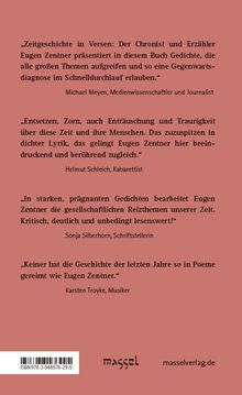 Zitate von Michael Meyen, Helmut Schleich, Sonja Silberhorn, Karsten Troyke über Eugen Zentners Gedichte. Logo unten.
