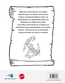 Ein nostalgisches Malbuch mit Figuren aus Masters of the Universe. Unten links zwei Logos und ein Barcode rechts.