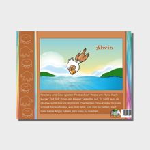„Alwin“. Zwei Dino-Kinder entdecken einen Seeadler. Illustration mit buntem Wasser und Landschaft. Links Dino-Umrisse.