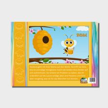 Text: "Feodora geht mit ihrer Mama auf den Markt…"; Illustration einer Honigbiene namens Bibbi neben einem Bienenstock.