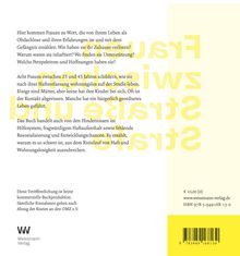 Text spricht über Frauen zwischen 23-45 Jahren, obdachlos nach Haft. Thematisiert Hilfesysteme und Resozialisierung. Links unten ist ein Verlag-Logo. Links ist der Text, rechts gelbe Buchstaben auf cremefarbenem Hintergrund.