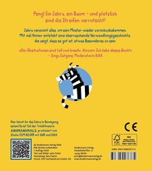 Peng! Ein Zebra, ein Baum – und plötzlich sind die Streifen verrutscht! Illustration eines Zebras auf gelbem Hintergrund.