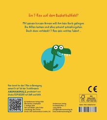 "Ein T-Rex auf dem Basketballfeld?" Illustration: T-Rex mit großen Augen und Zähnen auf gelbem Hintergrund.