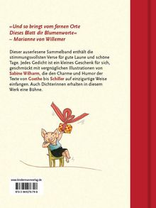 Zitat von Marianne von Willemer. Ein Gedichtband mit Illustrationen. Darunter ein fröhliches Schweinchen mit Geschenk.