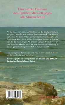Rückseite eines Buches, oben: „Eine starke Frau aus den Fjorden...“. Meer- und Strandgemälde im Hintergrund.