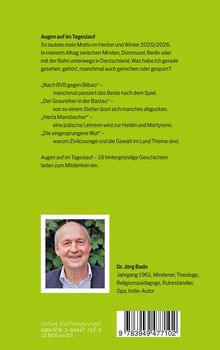 Grüner Hintergrund, Text über Erlebnisse und Geschichten von Dr. Jörg Bade, Foto eines Mannes, Verlag und Preisangabe unten.