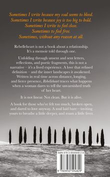 Oben steht: "Sometimes I write because my soul seems to bleed..." Unten sind Zypressenbäume und ein Barcode.