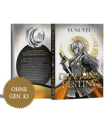 Buchcover mit Text "OHNE GEN. KI", Titel "DRAGON'S DESTINY ERWACHEN" und Autor "Yunuyei". Fantasy-Illustration einer Kriegerin.