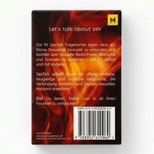 "Let's talk about sex. Die 55 SexTalk Fragekarten regen dazu an, Deine Sexualität bewusst zu erkunden." Hintergrund: Flammen.