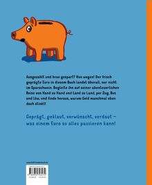 Ein orangefarbenes Sparschwein auf blauem Hintergrund. Text: Abenteuer eines Euros mit Reisen und merkwürdigen Erlebnissen.