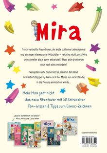 „Mira: Frisch verknallte Freundinnen, Liebeskummer, neuer Mitschüler. Geburtstagsparty-Planung, Abenteuer mit 50 Extraseiten.“ Bunte Sterne.