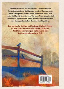 Ein Zitat über Kindheitserinnerungen, mit Illustration eines Holzzauns und Berglandschaft im Hintergrund.