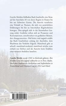Text über Carolin Merkles Buch über die A5. Autorenbio unten über ihre Herkunft und Studien. ISBN und Barcode unten links.