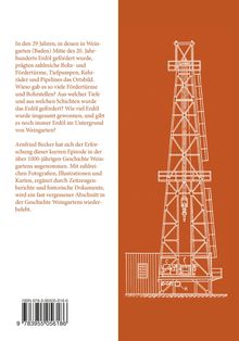 Text beschreibt Erdölförderung in Weingarten. Rechts eine technische Zeichnung eines Bohrturms auf orangefarbenem Hintergrund.