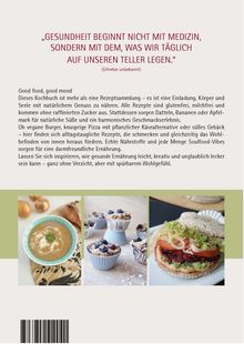 „GESUNDHEIT BEGINNT NICHT MIT MEDIZIN, SONDERN MIT DEM, WAS WIR TÄGLICH AUF UNSEREN TELLER LEGEN.“ Text über gesunde Küche. Darunter Bilder von Suppe, Muffins und einem Burger.