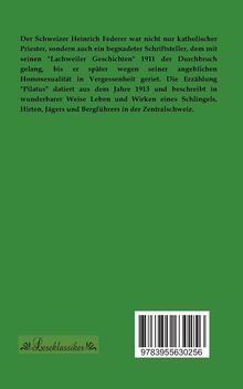 Text über Heinrich Federers Leben und Werke, besonders "Lachweiler Geschichten" und "Pilatus". Grüner Hintergrund. Barcode unten.