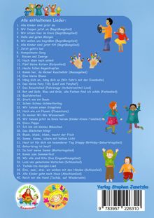 Liste von 40 Kinderliedern mit verschiedenen Themen. Fröhliche Kinderzeichnungen und zwei runde Kinderlieder-Logos.