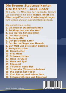 Liederbuch mit Märchenliedern: Bremer Stadtmusikanten, Rotkäppchen, Schneewittchen u.a. Liste von 20 Liedern.