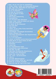 Eine Liste von 40 Liedtiteln. Illustrationen: Ein Schmetterlingskind, ein Mädchen auf Eis am Stiel, ein lächelnder Geist.