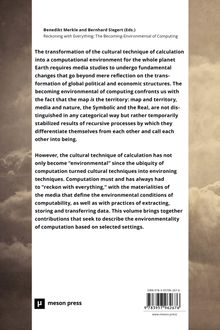 Titel und Untertitel: Benedikt Merkle und Bernhard Siegert (Eds.), Reckoning with Everything. Text über Berechnung und Umwelt. Links und rechts sind Verläufe zu sehen. Unten das meson press Logo.