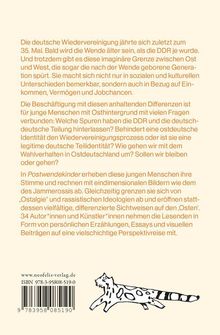 Text behandelt deutsche Wiedervereinigung, anhaltende Unterschiede zwischen Ost und West, und das Buch "Postwendekinder". Unten ist eine Zeichnung einer stilisierten Katze.
