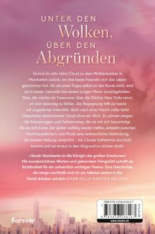 Rosa Himmel bei Sonnenuntergang über einer Skyline. Text: "Unter den Wolken, über den Abgründen". ISBN und Preisangabe.