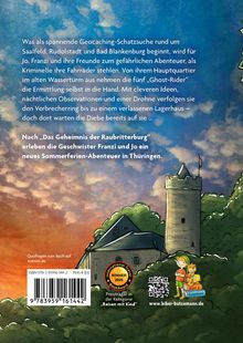 Ein Text beschreibt ein Abenteuer von Franzi und Jo in Thüringen. Eine Illustration zeigt einen Turm und ein Haus in einer malerischen Landschaft.