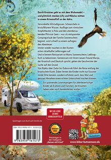 Ein Wohnmobil steht unter Bäumen, ein Adler fliegt am Himmel, ein Kind mit einem Biber ist auf der rechten Seite.