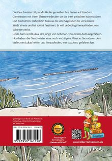Text über Lillys und Nikolas Ferien auf Usedom. Illustration: Strand mit Meer, Dünenpflanzen, Junge mit Kuscheltier.