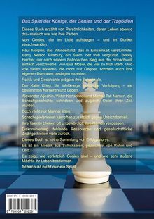 Ein Schachbuch beschreibt dramatische Lebensgeschichten von Königen und Genies. Ein Schachkönig ist prominent abgebildet.