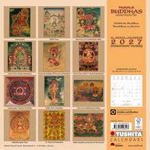 "Female Buddhas", "16 Month Calendar 2027", "Vajrayogini", "White Tara", "Green Tara over Kathmandu Valley", "Sarasvati". 
Illustrationen von weiblichen Buddhas.