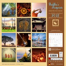 "Buddha’s Footprints", 16-Monatskalender 2027; quadratische Bilder buddhistischer Szenen und Sehenswürdigkeiten.