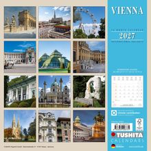 „VIENNA 2027“ steht prominent. Kalender mit 12 Fotos berühmter Sehenswürdigkeiten Wiens. Made in Germany.